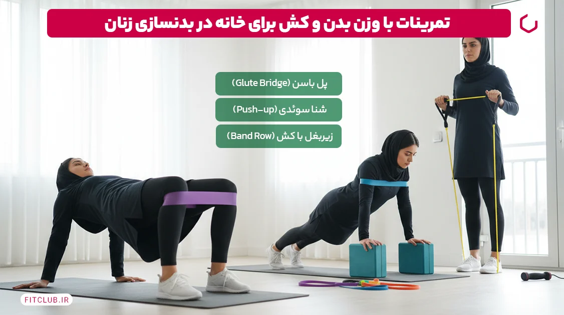 تمرینات با وزن بدن و کش برای خانه در بدنسازی زنان | فیت کلاب